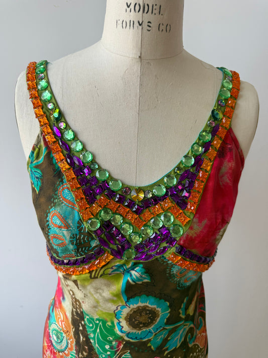 Y2K Etro Silk Floral Dress w Gemstone Neckline
