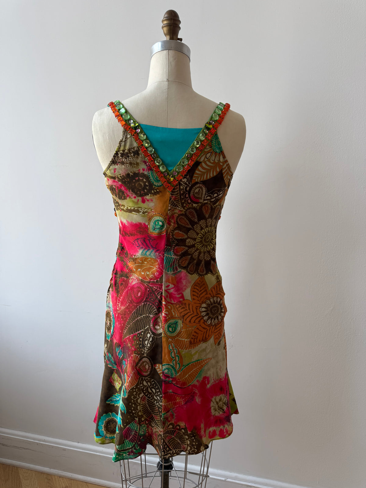 Y2K Etro Silk Floral Dress w Gemstone Neckline