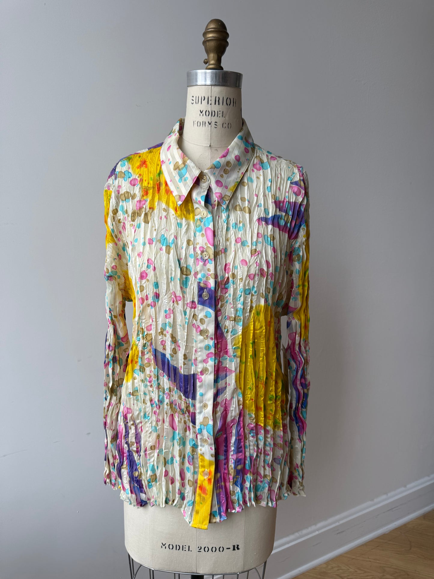 90s watercolor print crinkle blouse