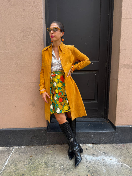 70s Mustard Yellow Sheepskin Suede Dress/Coat