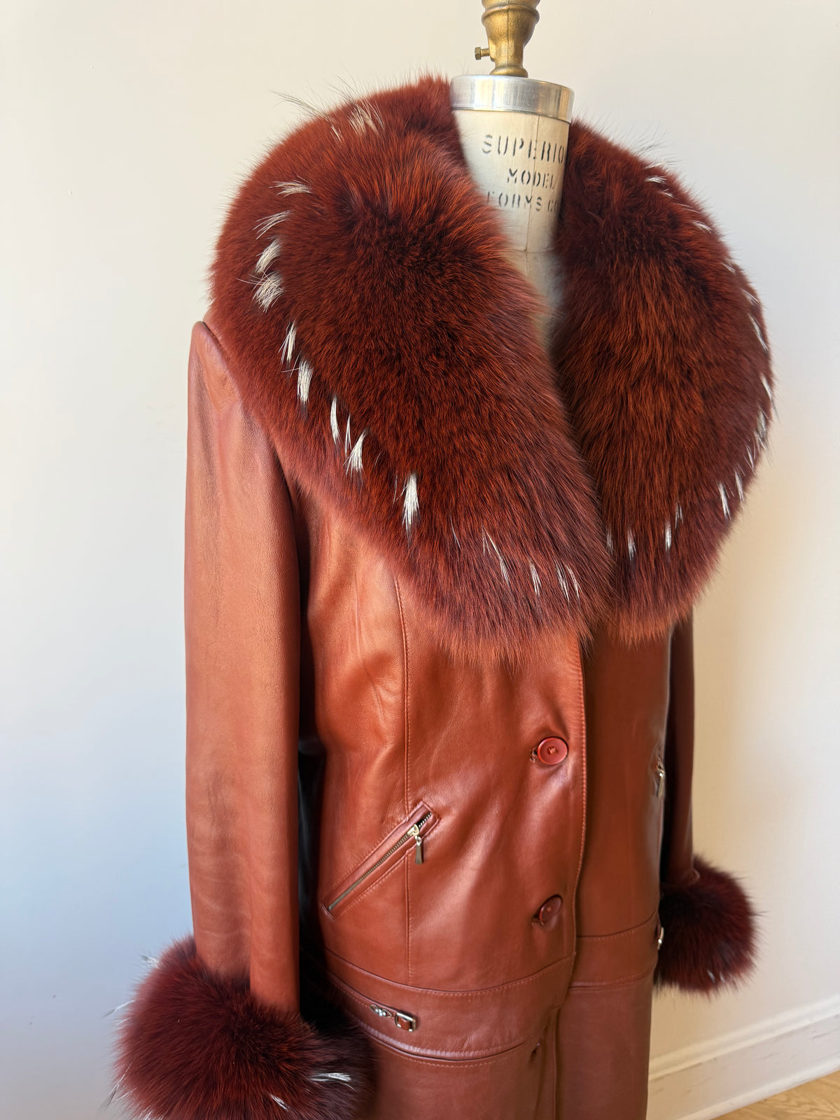 90s/Y2K Leather Trench with Dyed Fox Fur Collar & Cuffs