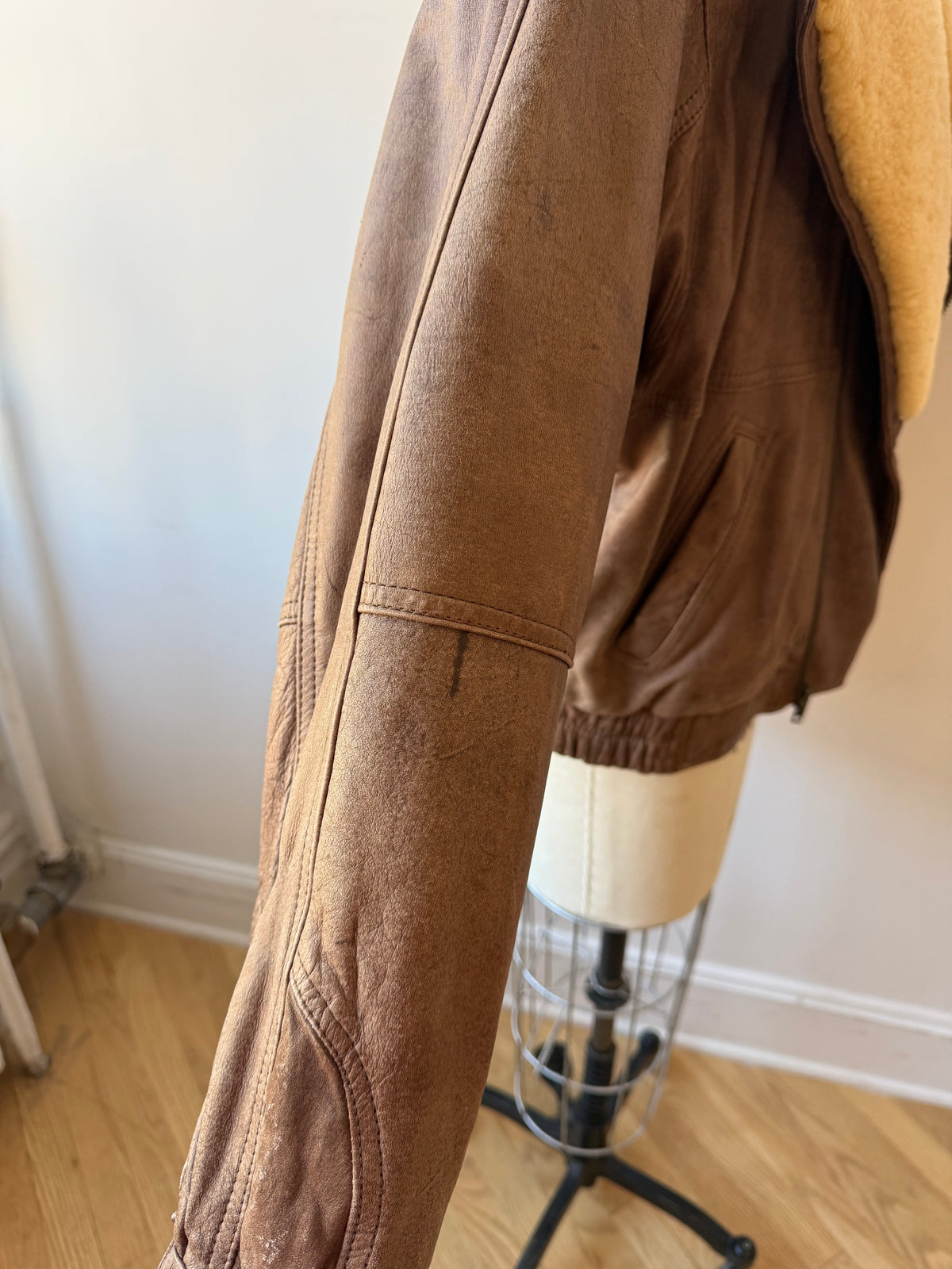 80s Distressed Leather Aviator Bomber Jacket
