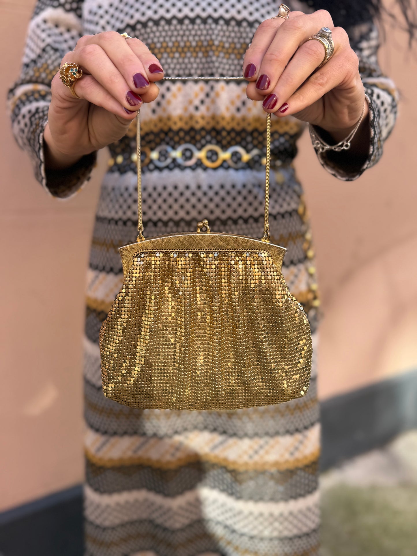 Gold Whiting & Davis Chainmail Bag with mirror