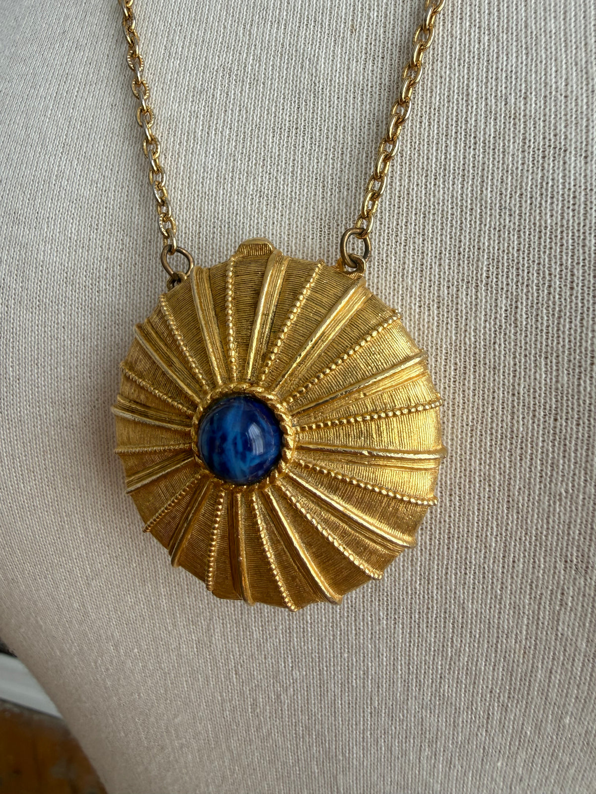 80s Estée Lauder solid perfume locket necklace with  blue lapis lazuli-style stone