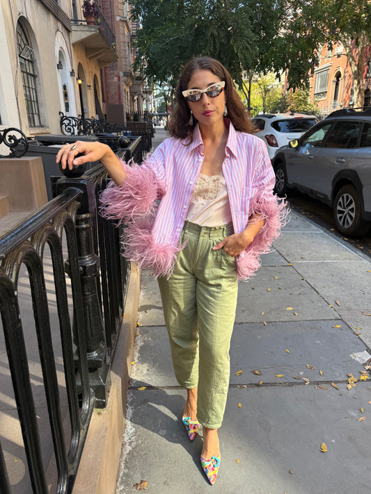 The Colette Feather Shirt - Pink, Blue Stripe & Dusty Rose