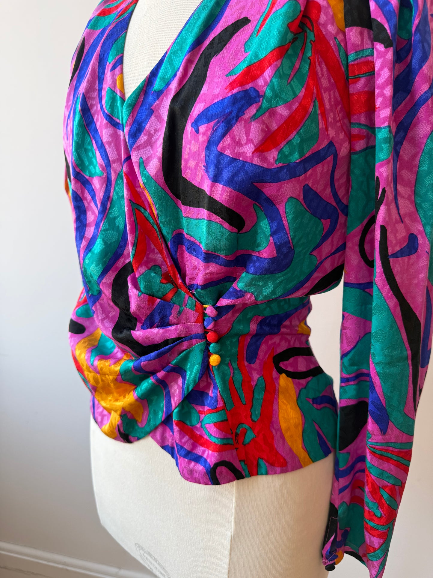 80s Flora Kung Multicolor Silk Blouse