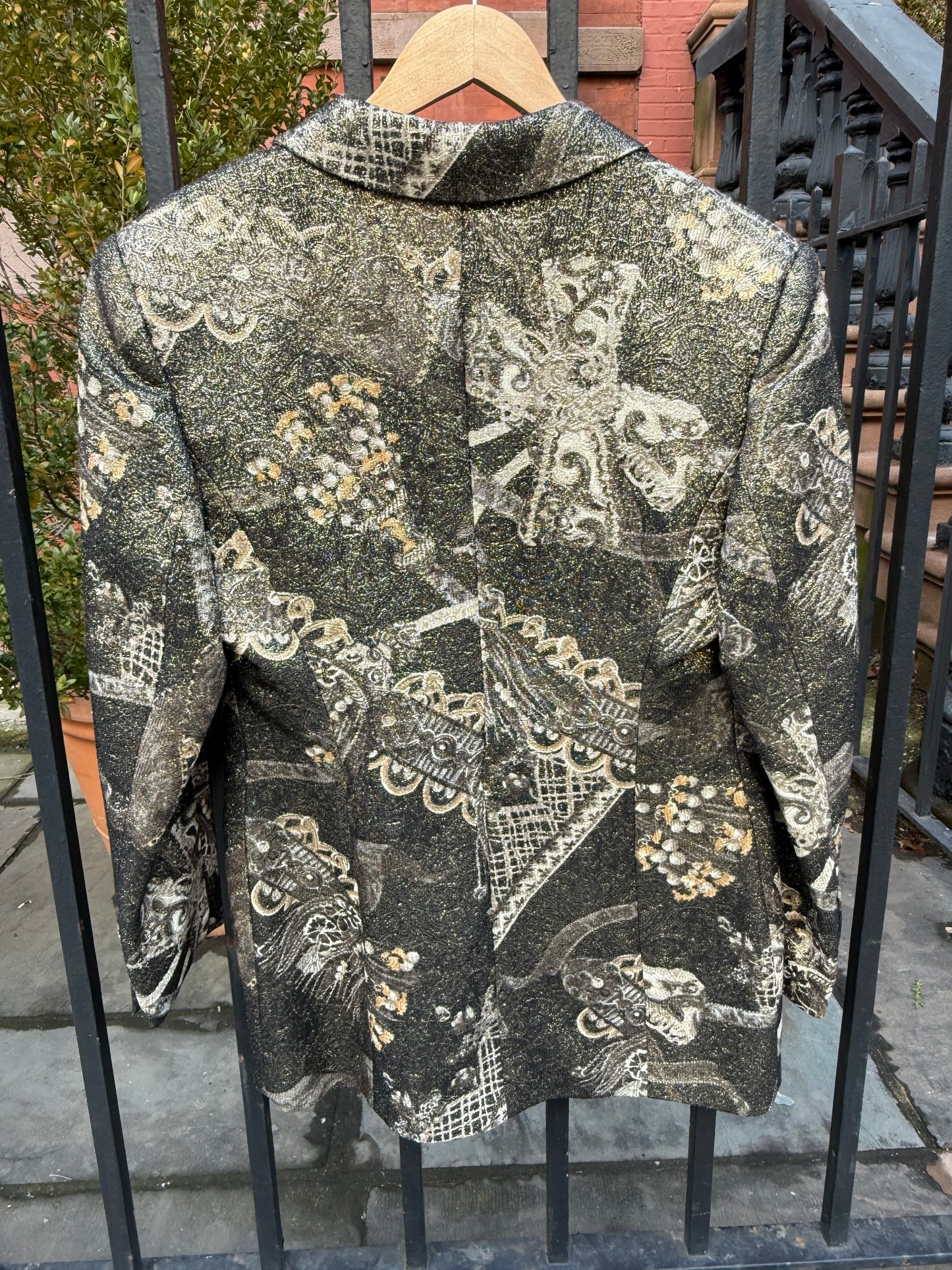 90s Louis Feraud Metallic Evening Blazer - Black & Gold Baroque Print