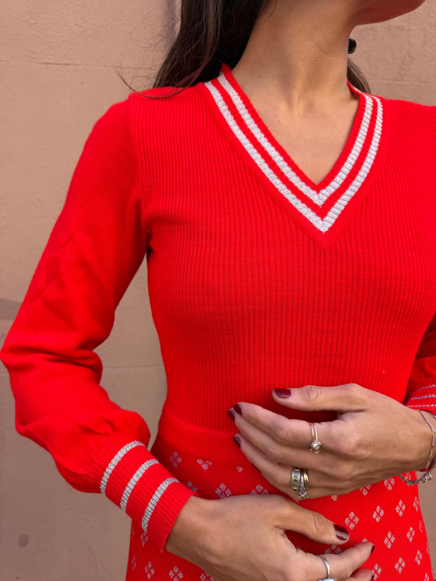 70s Red Knit Maxi Dress w silver detail