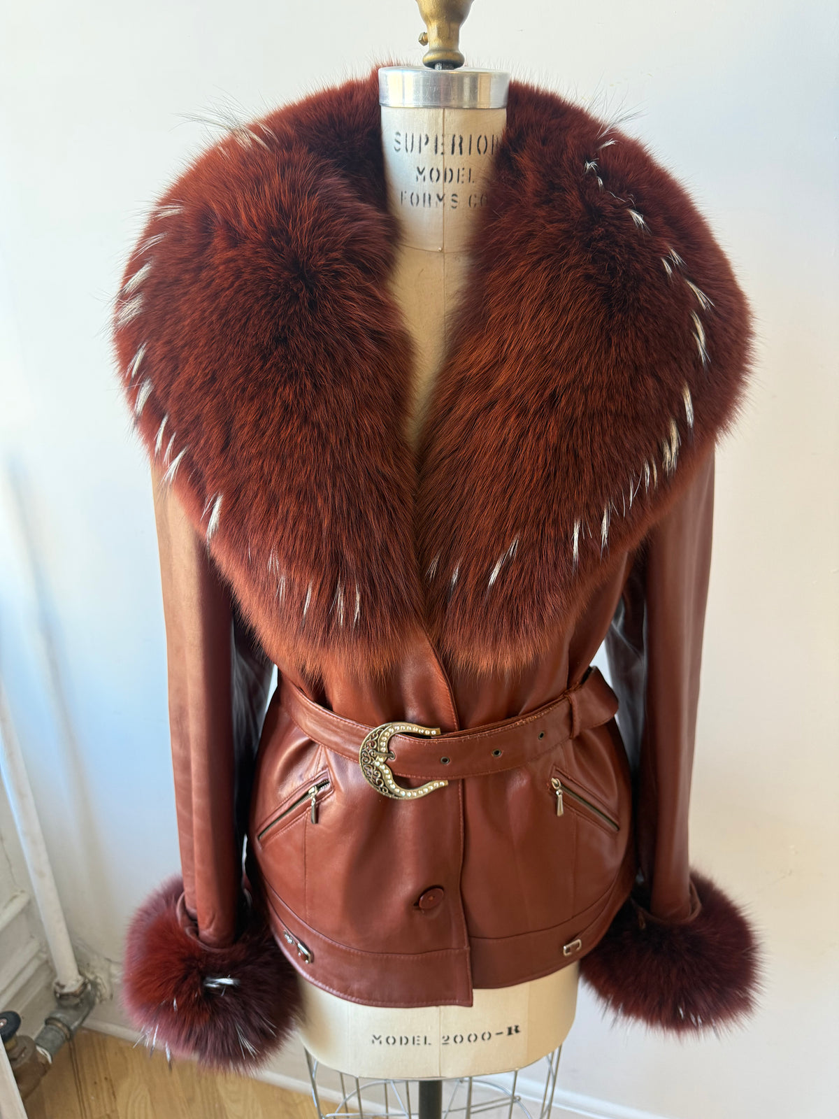 90s/Y2K Leather Trench with Dyed Fox Fur Collar & Cuffs