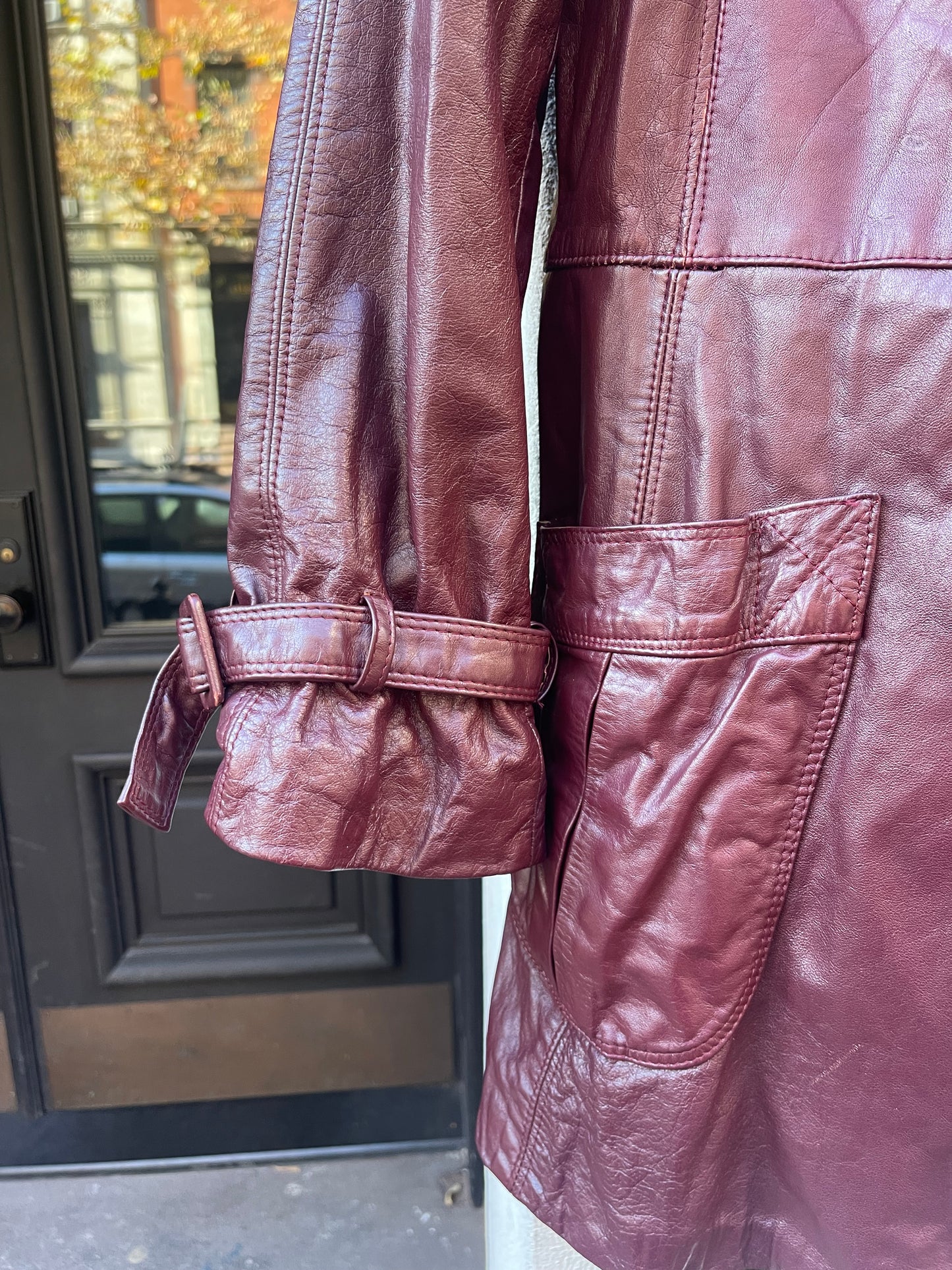 70s burgundy leather trench