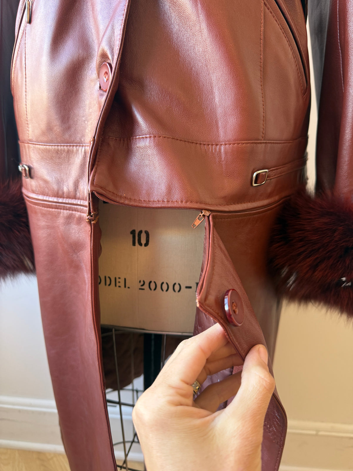 90s/Y2K Leather Trench with Dyed Fox Fur Collar & Cuffs