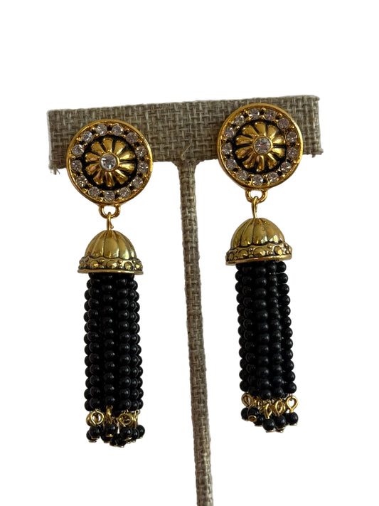 Vintage Avon Gold-Tone Black Beaded Tassel Earrings