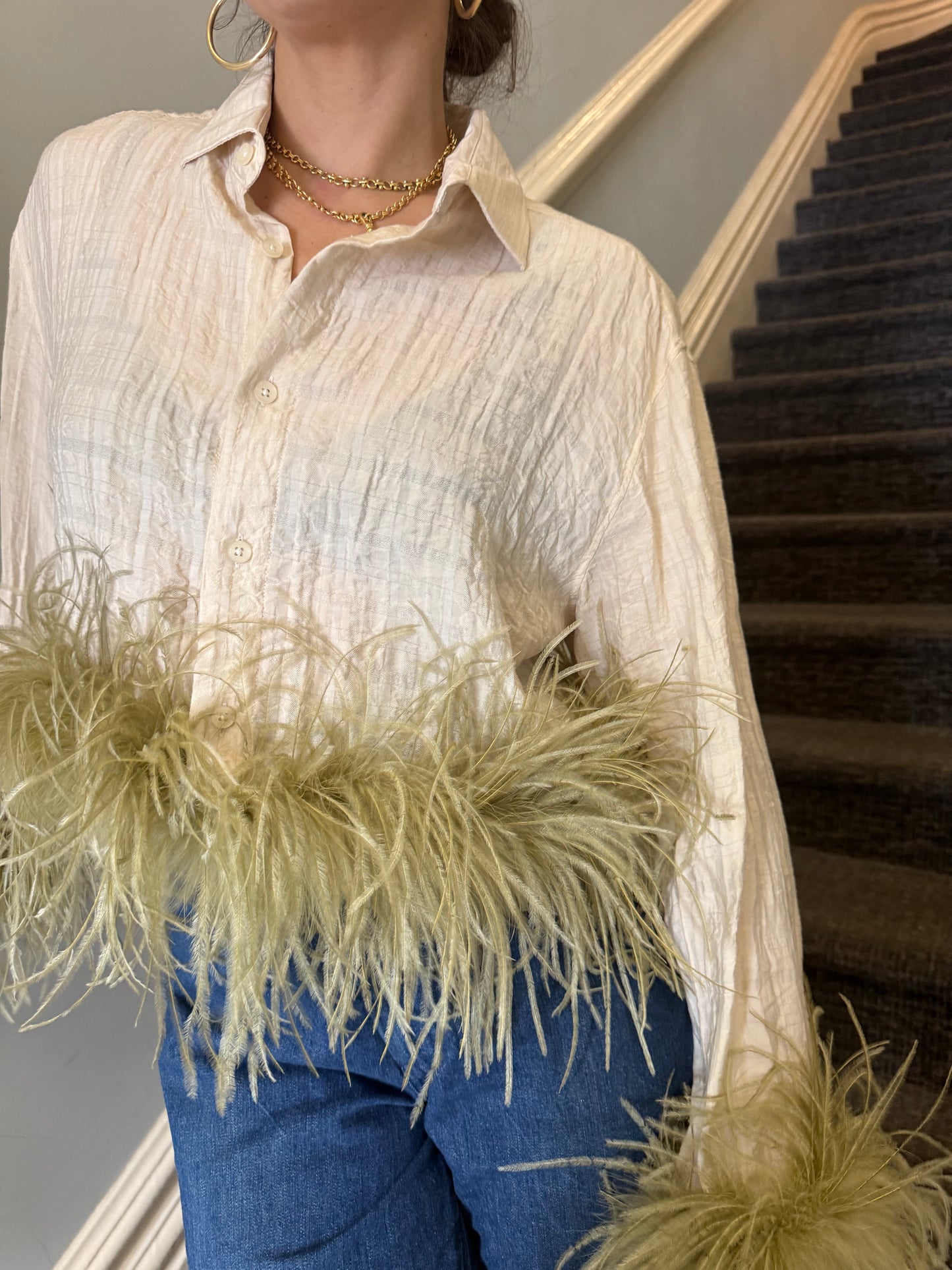 The Colette Feather Shirt - Ivory & Sage