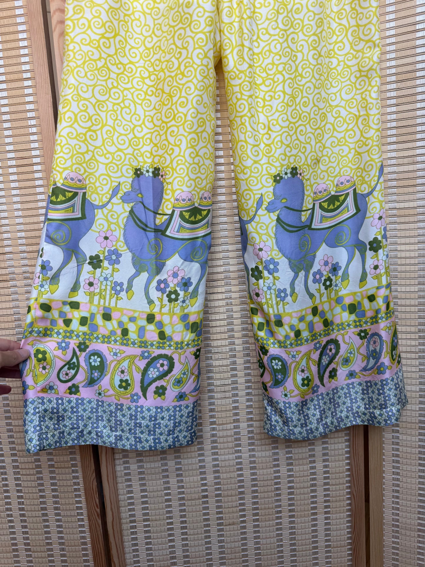 70s Yellow Silk Novelty Print Wide Leg Pant