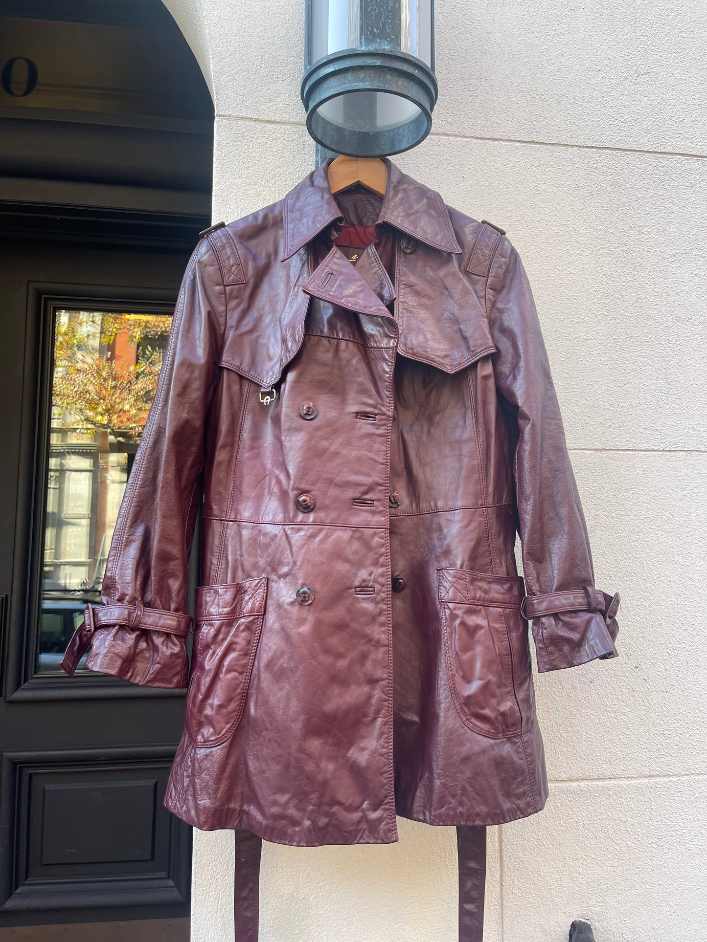 70s burgundy leather trench