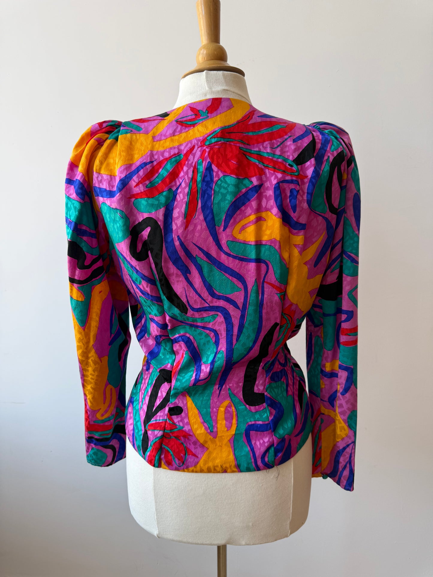 80s Flora Kung Multicolor Silk Blouse