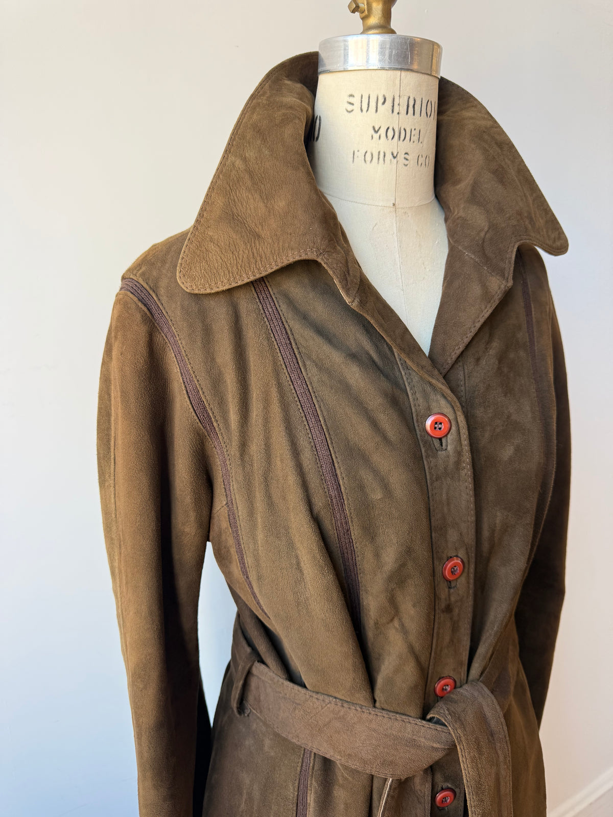 70s Brown Suede Trench w. knit details & belt