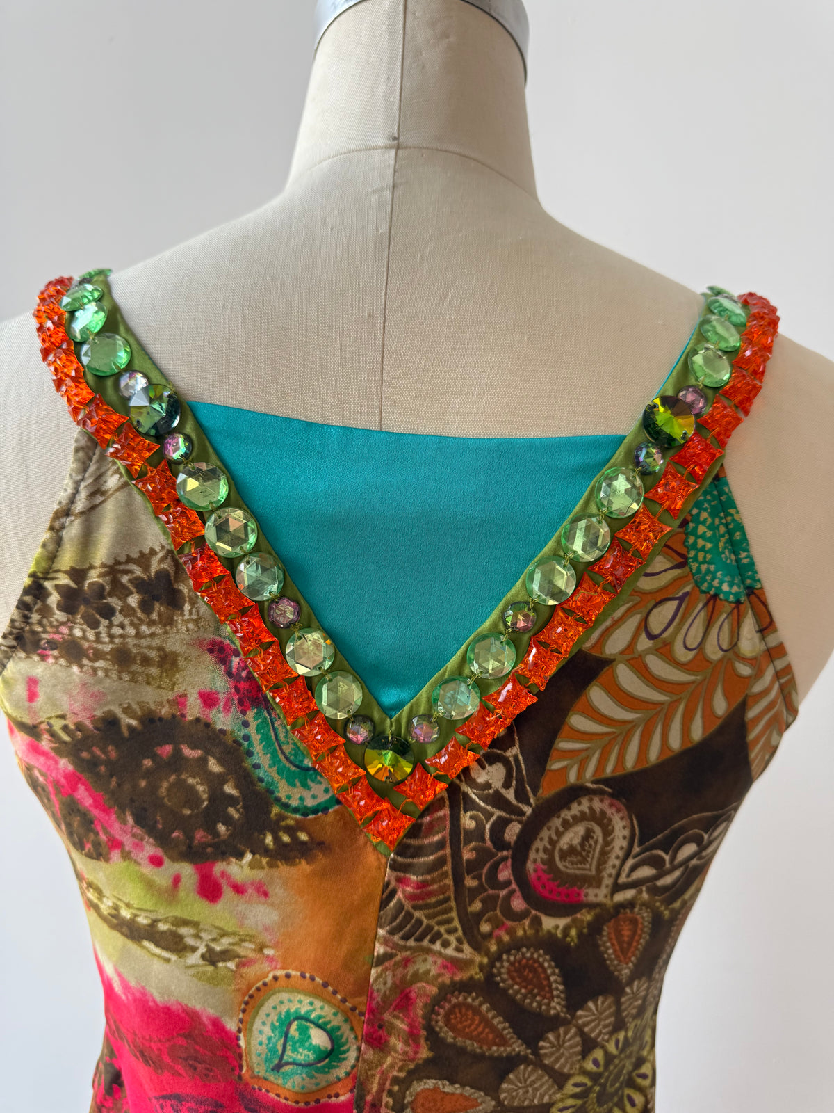 Y2K Etro Silk Floral Dress w Gemstone Neckline
