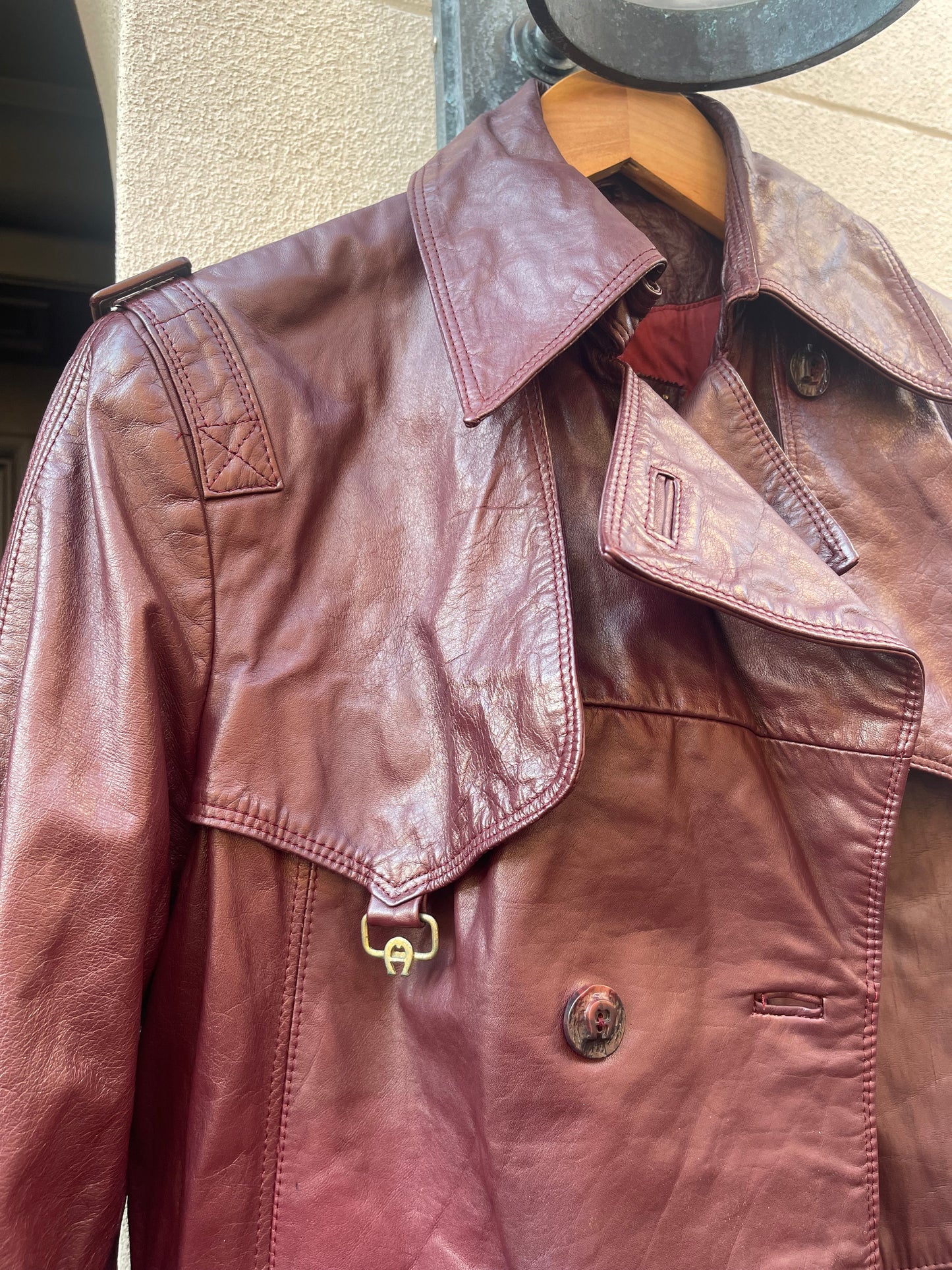 70s burgundy leather trench