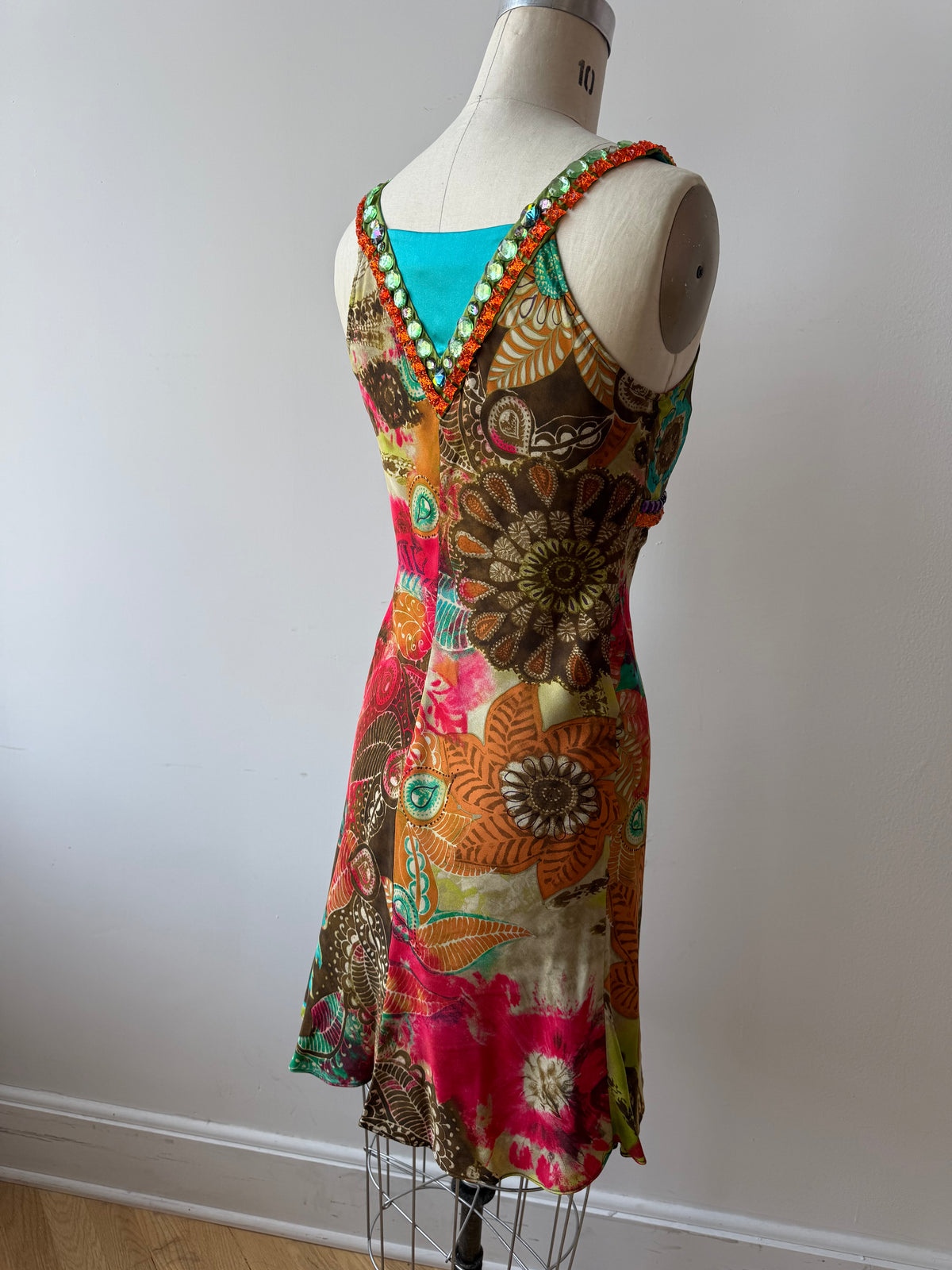 Y2K Etro Silk Floral Dress w Gemstone Neckline