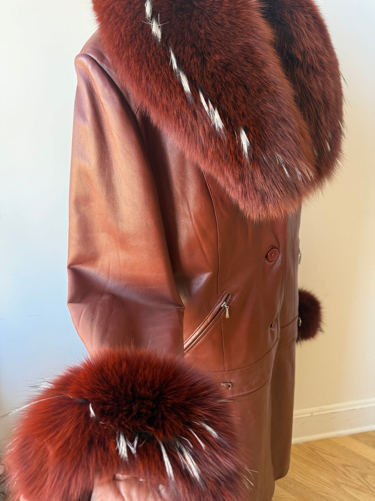 90s/Y2K Leather Trench with Dyed Fox Fur Collar & Cuffs