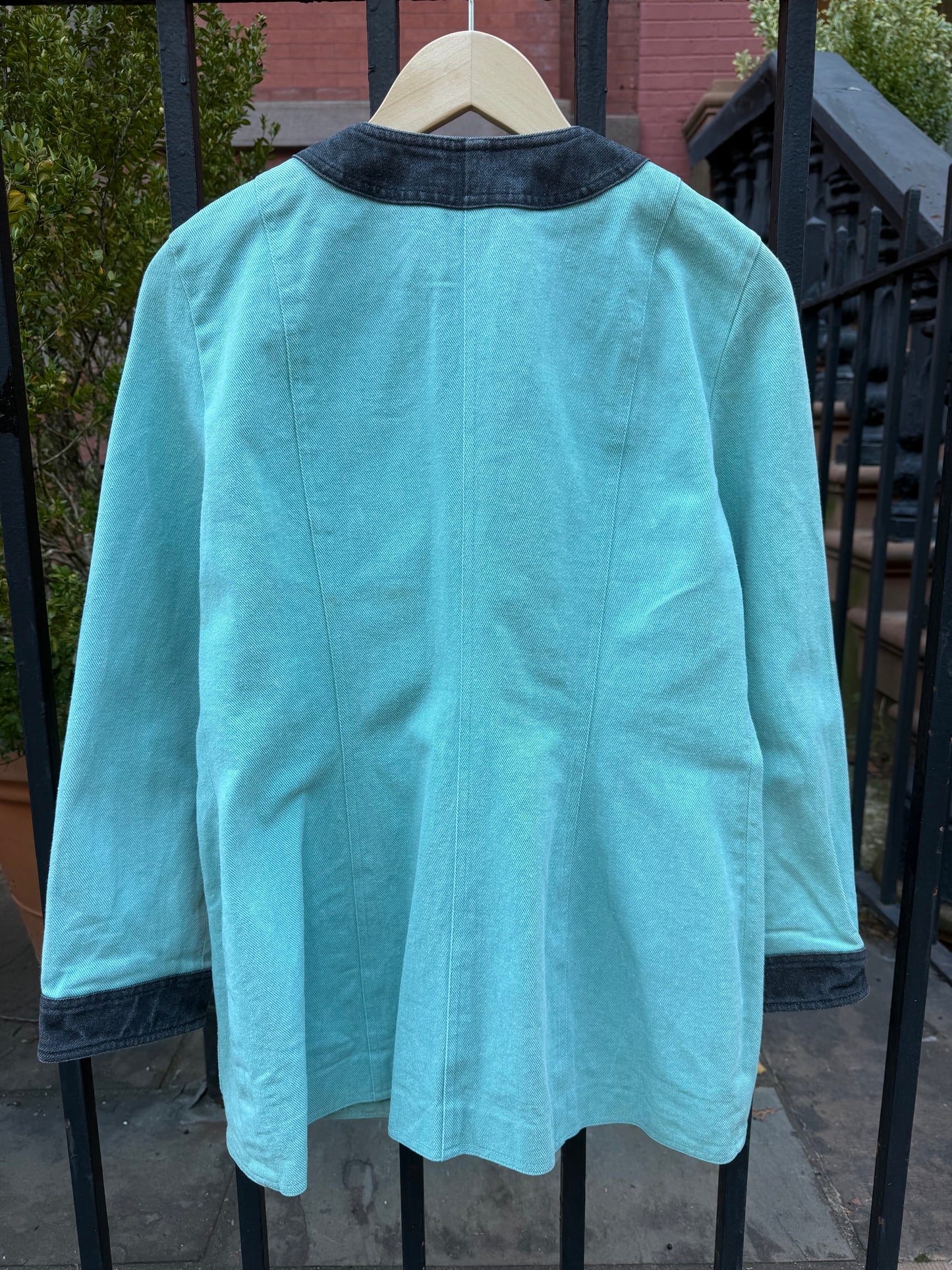 90s Maud Defossez turquoise denim jacket gold flower buttons