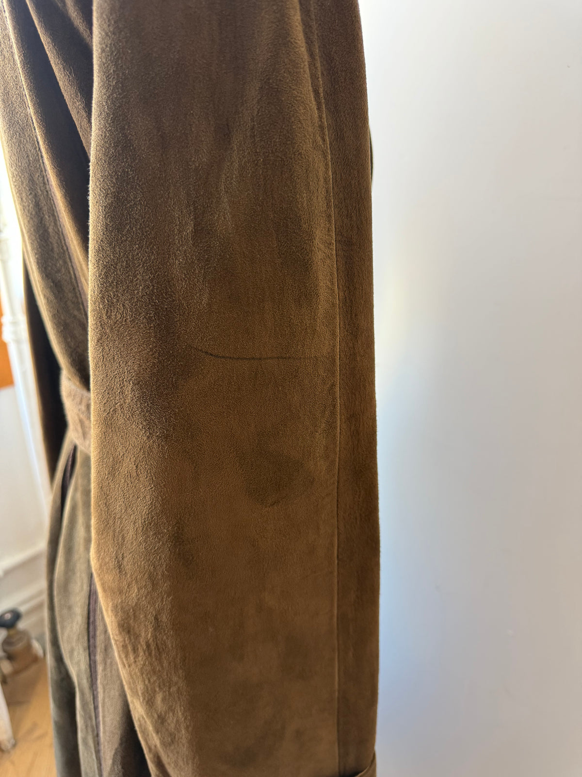 70s Brown Suede Trench w. knit details & belt