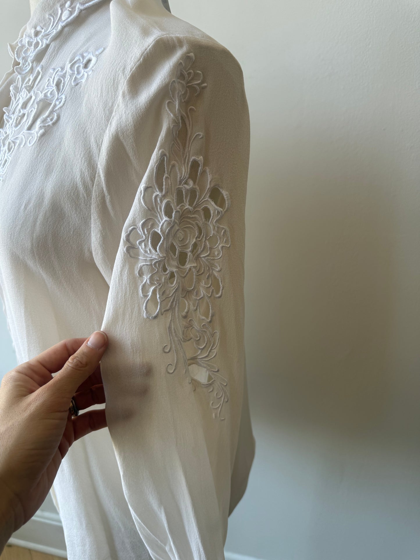 90s Bob Mackie White Silk Cutaway & Embroidered Blouse