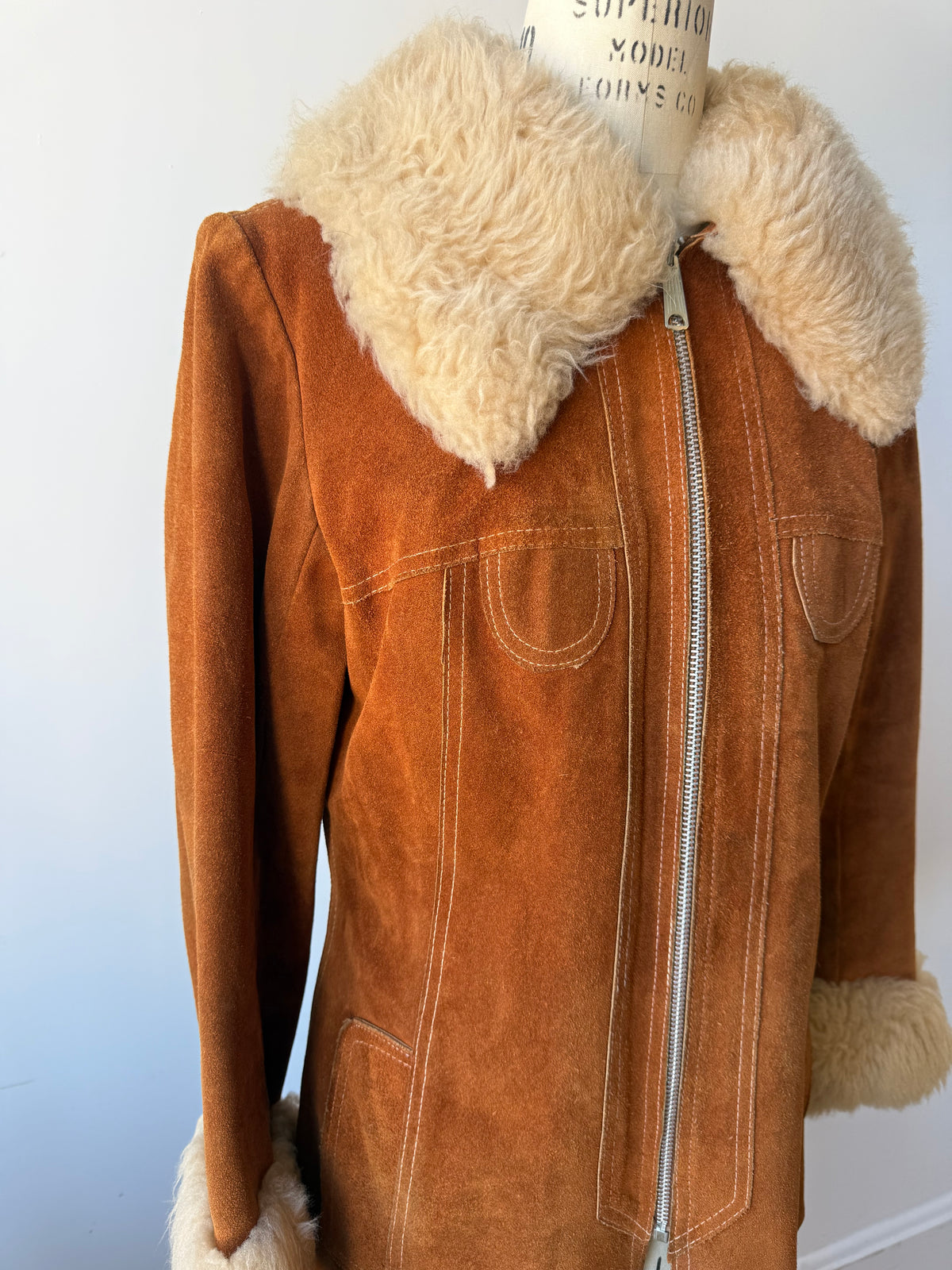 70s "Penny Lane" style Suede Sheepskin Trim Jacket w zipper