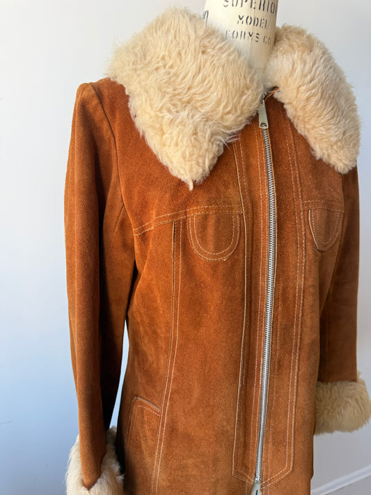 70s "Penny Lane" style Suede Sheepskin Trim Jacket w zipper
