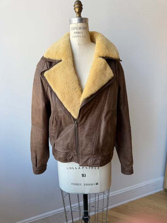 80s Distressed Leather Aviator Bomber Jacket