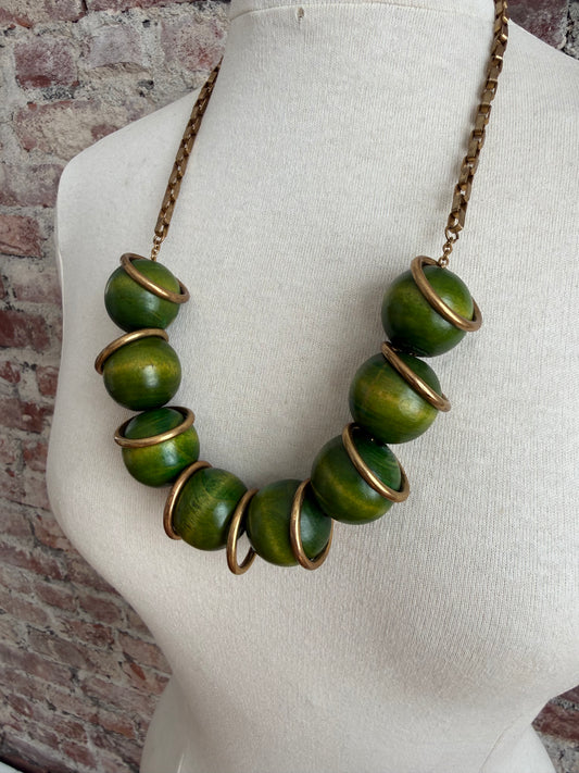 1950s brass & wooden bead necklace