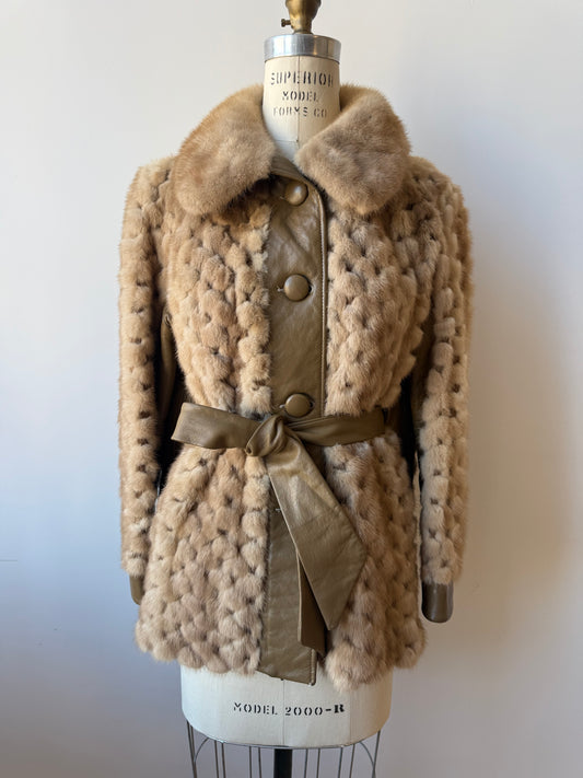 70s Beige Mink & Leather Coat . Belt