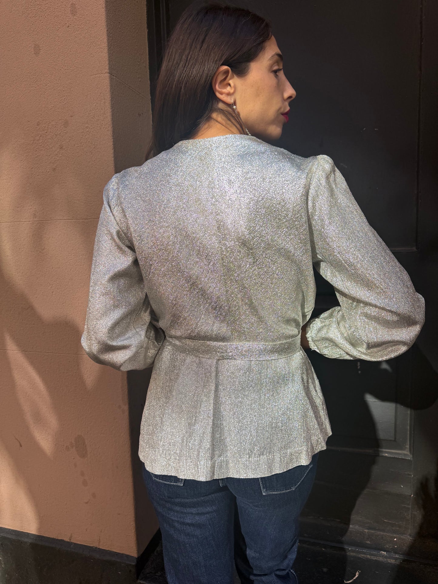 60s French Silver Lame Peplum Blouse