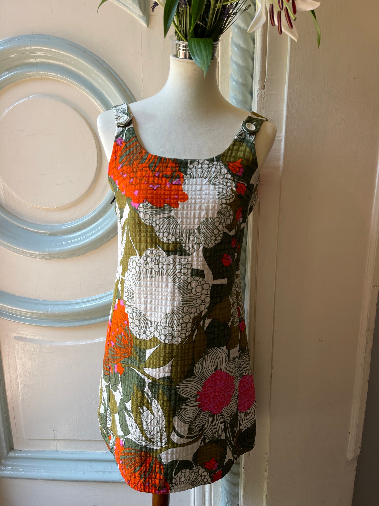 60s French Quilted Floral Summer Dress, XS/Small