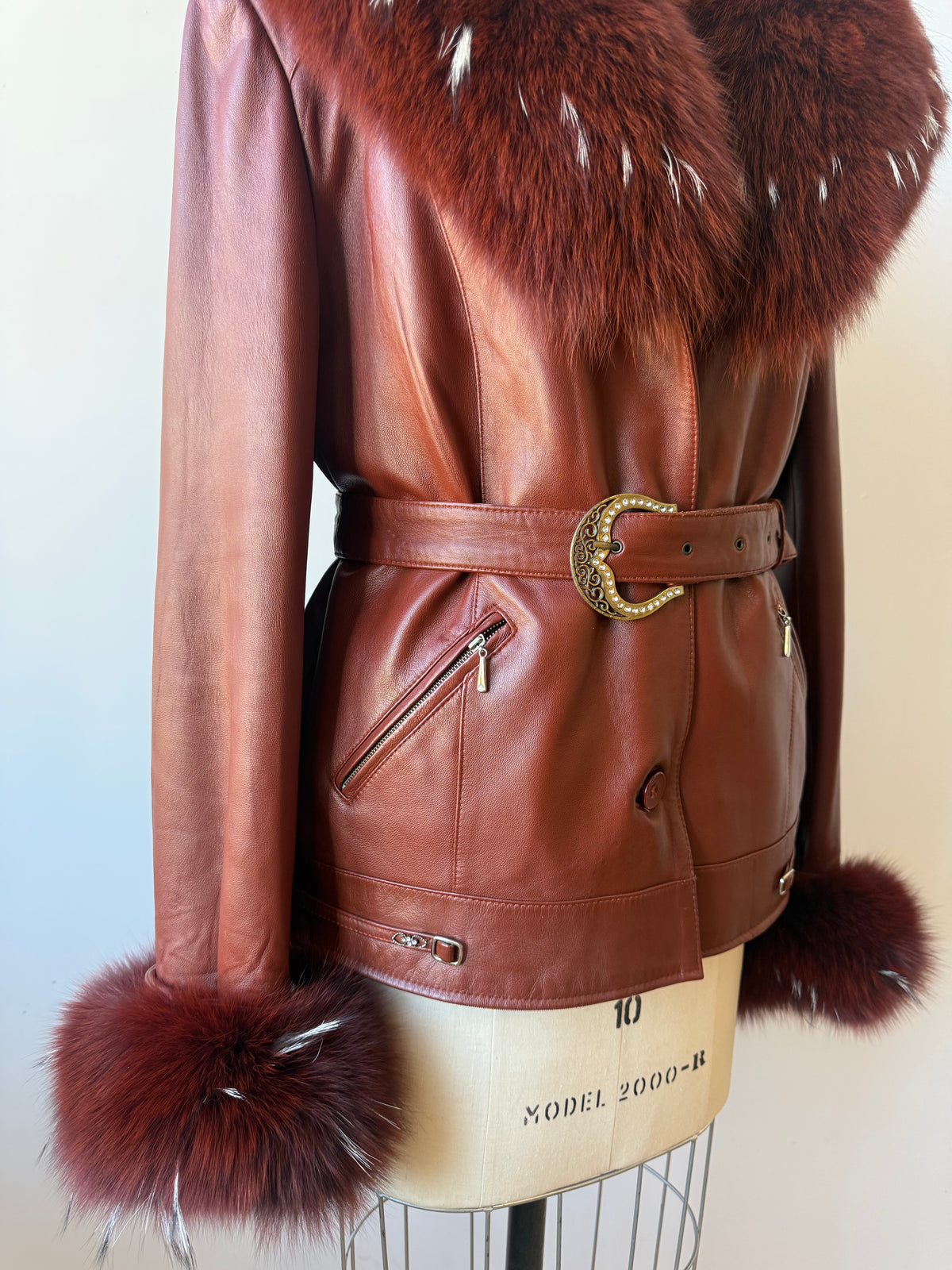 90s/Y2K Leather Trench with Dyed Fox Fur Collar & Cuffs