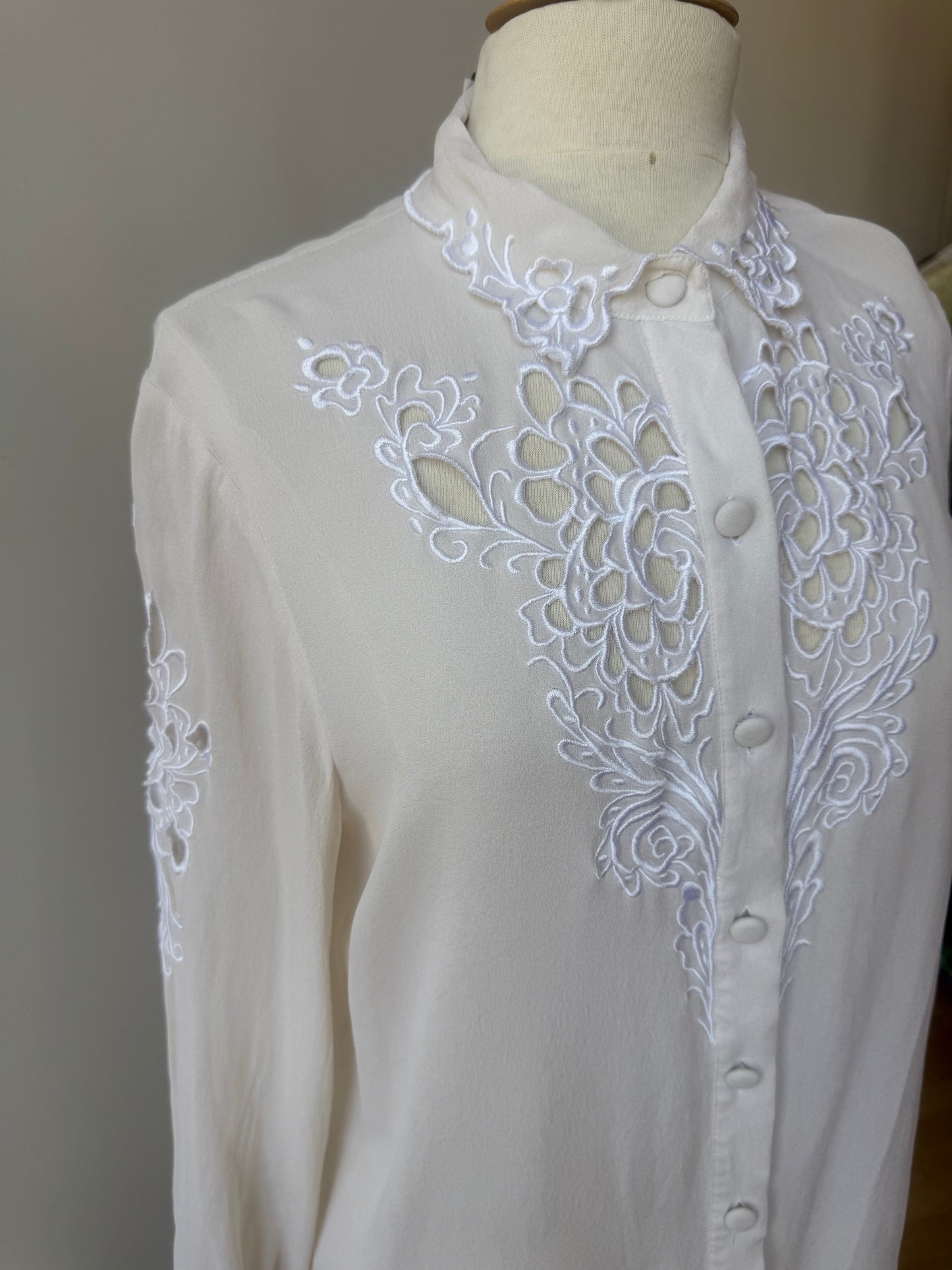 90s Bob Mackie White Silk Cutaway & Embroidered Blouse