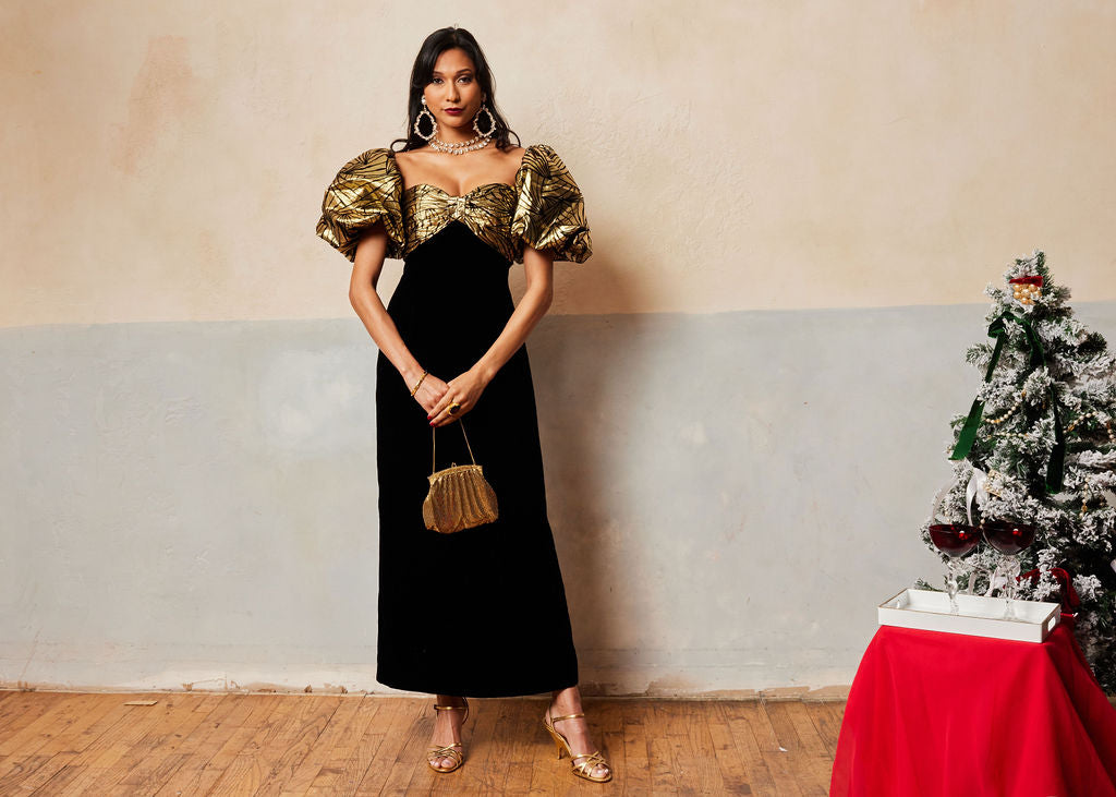 80s Victor Costa Gold Puff Sleeve Gown