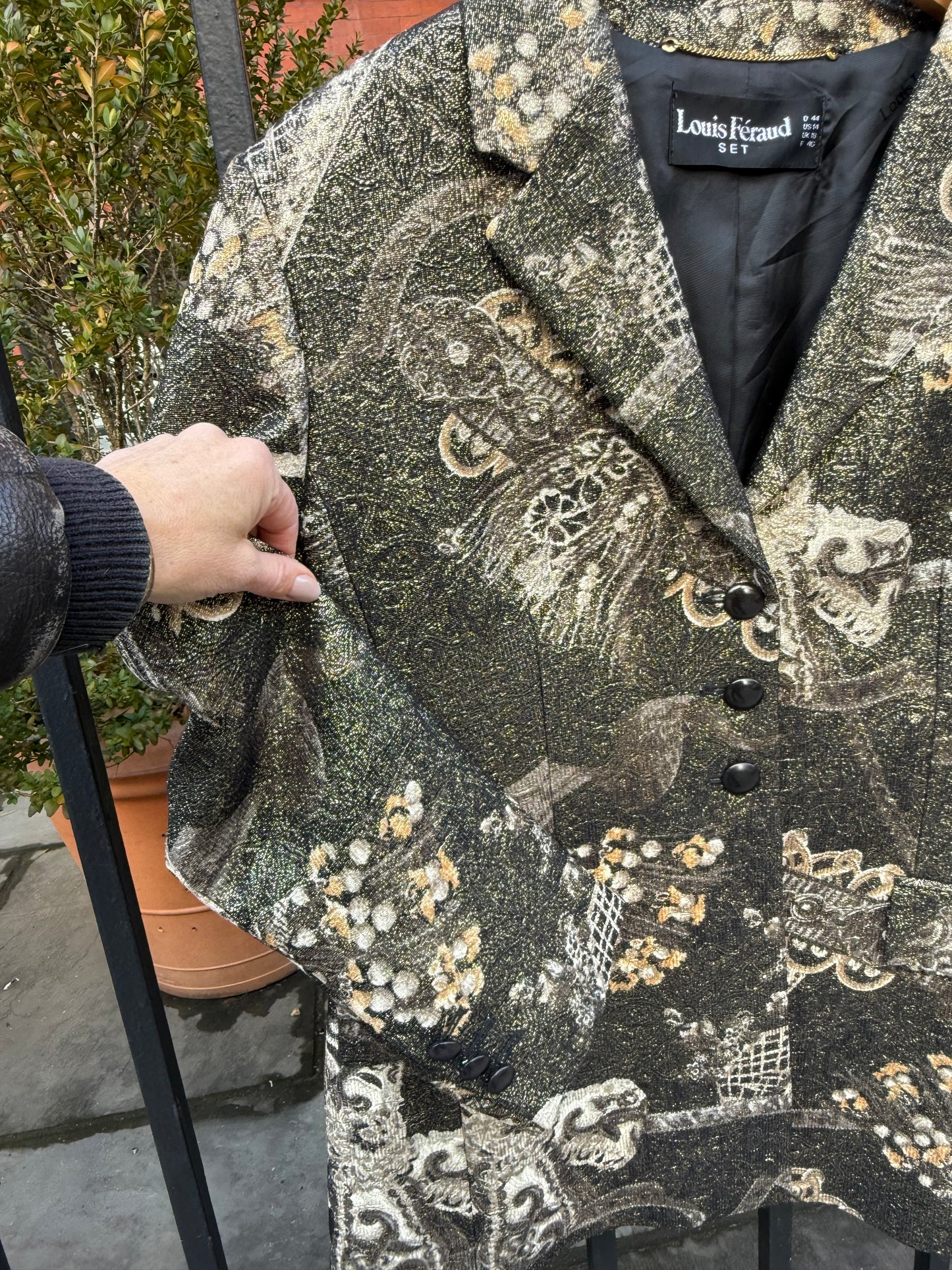 90s Louis Feraud Metallic Evening Blazer - Black & Gold Baroque Print