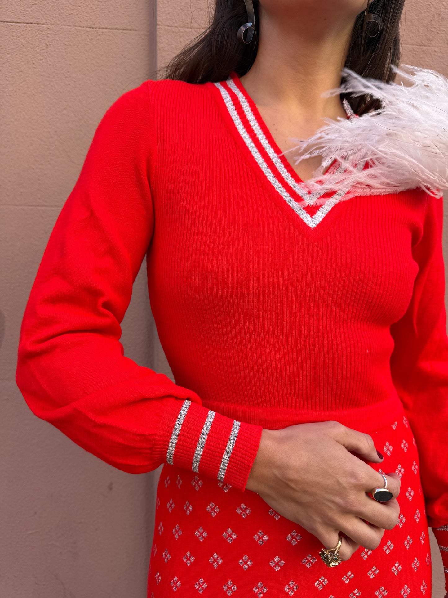 70s Red Knit Maxi Dress w silver detail