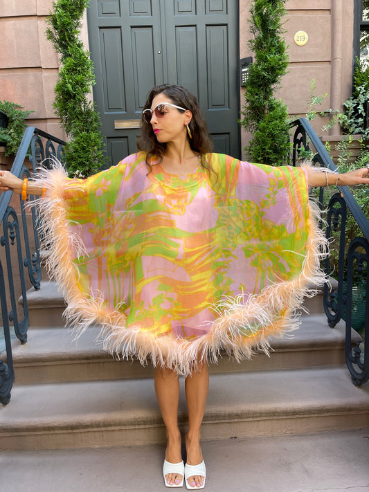 Vintage Silk Chiffon Kaftan w. Ostrich Feathers