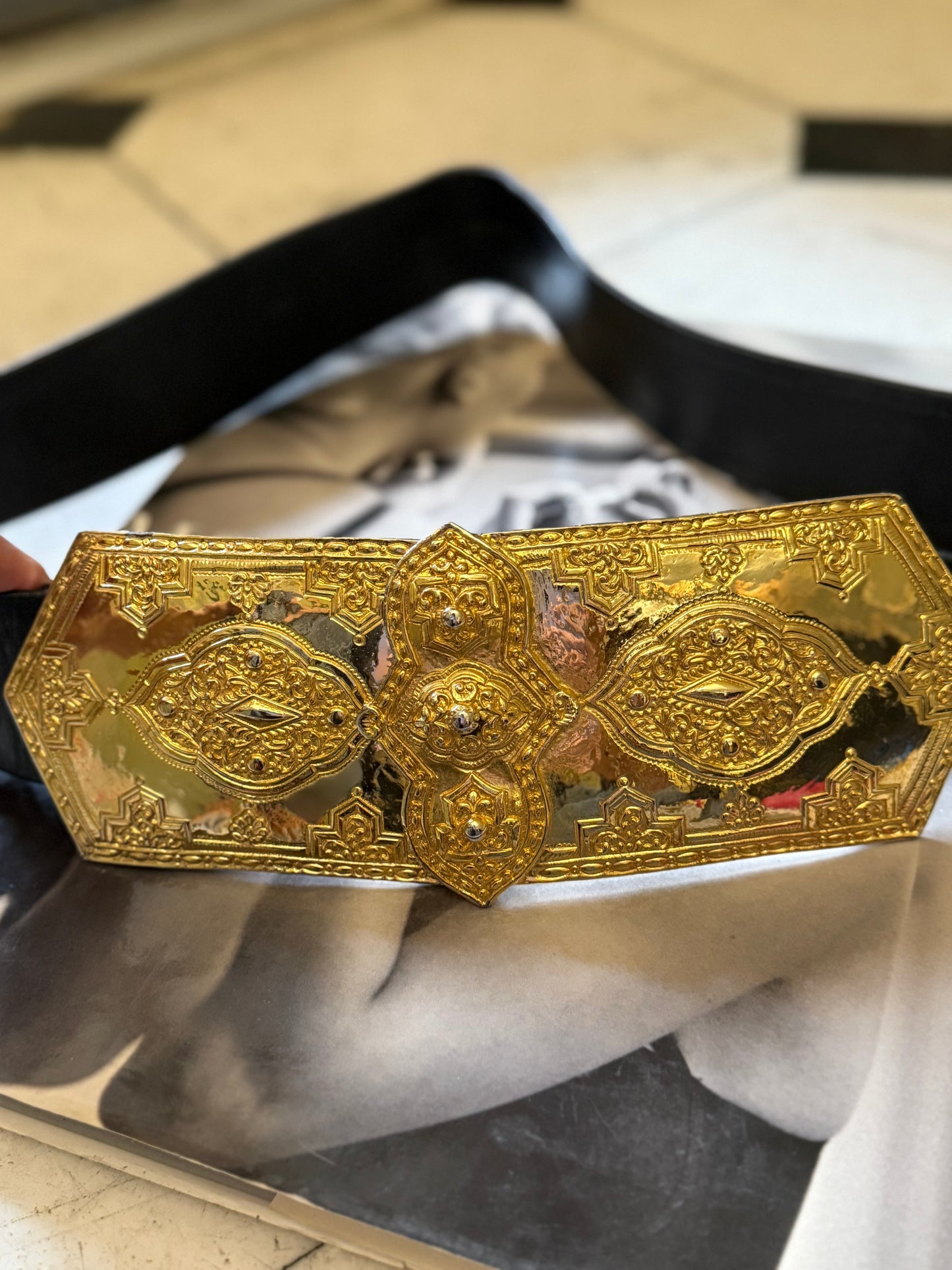 Vintage Black Belt w. Oversized Gold Buckle, 36"