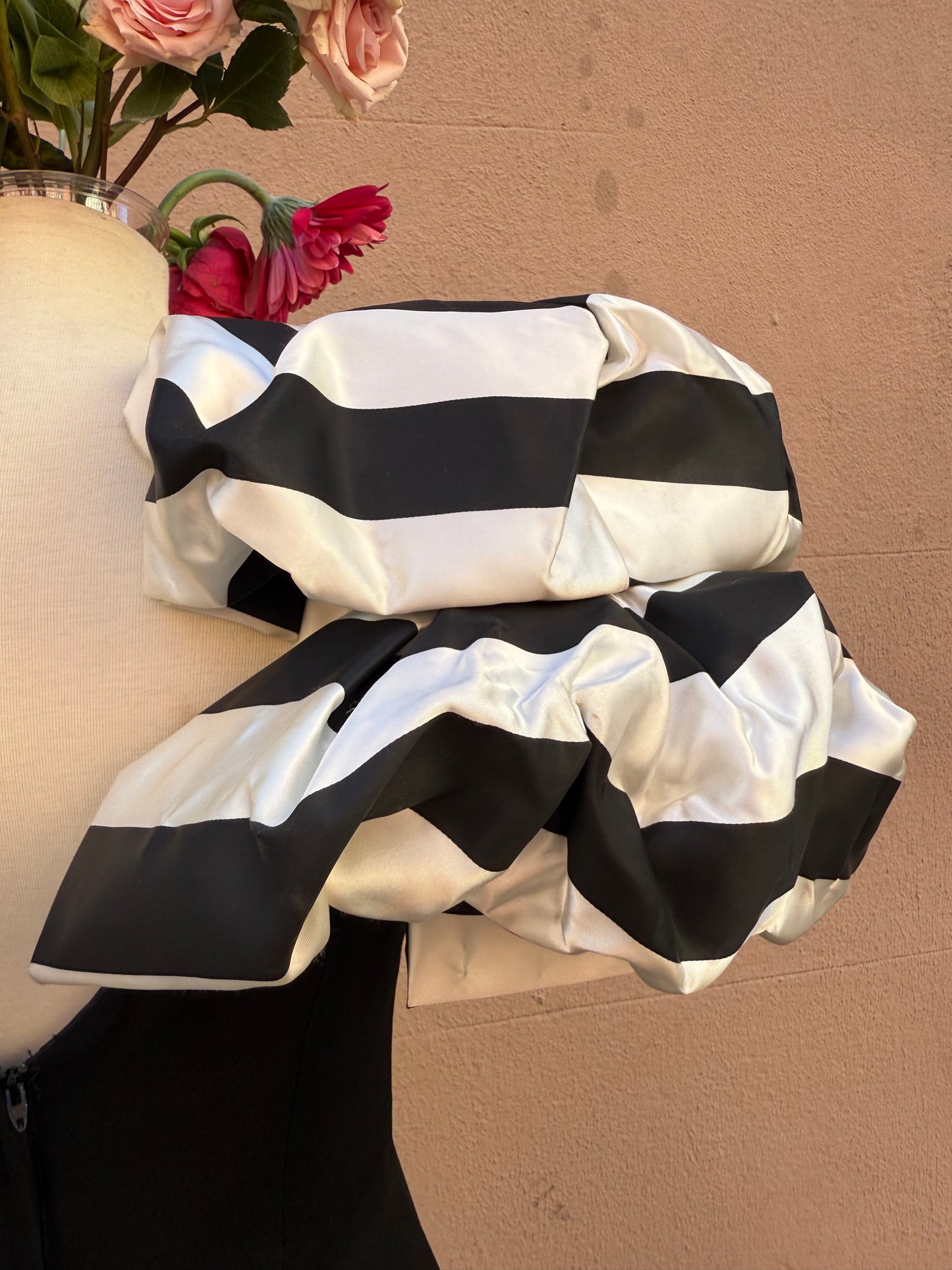 80s RARE Victor Costa black striped bow shoulder gown