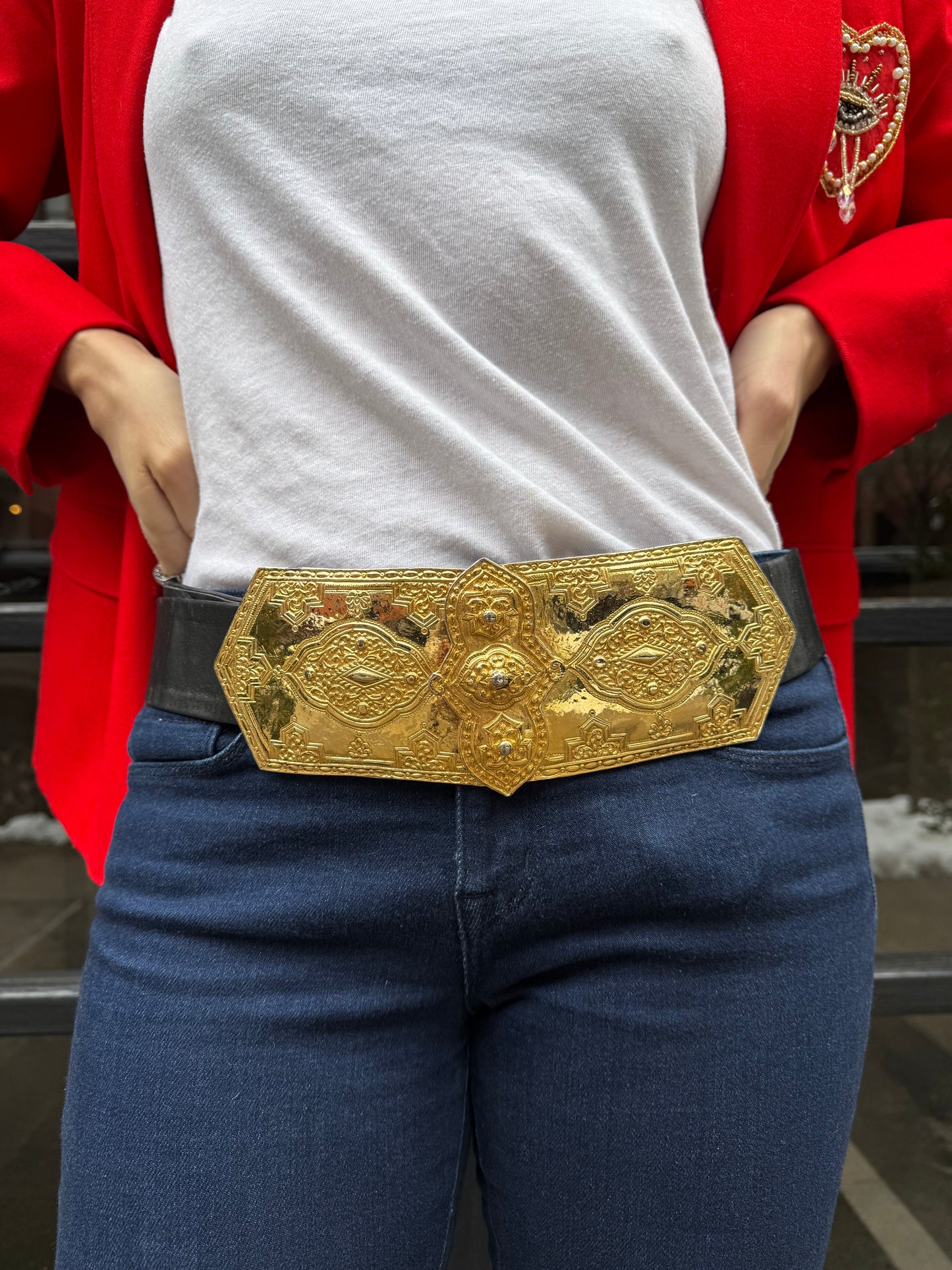 Vintage Black Belt w. Oversized Gold Buckle, 36"