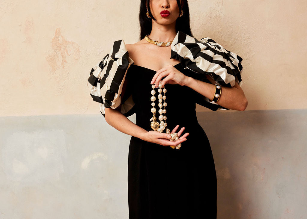 80s RARE Victor Costa black striped bow shoulder gown