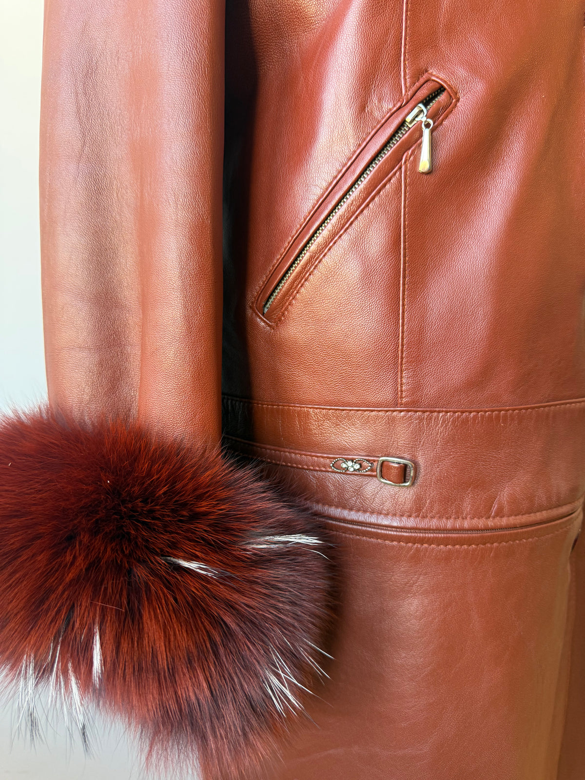 90s/Y2K Leather Trench with Dyed Fox Fur Collar & Cuffs