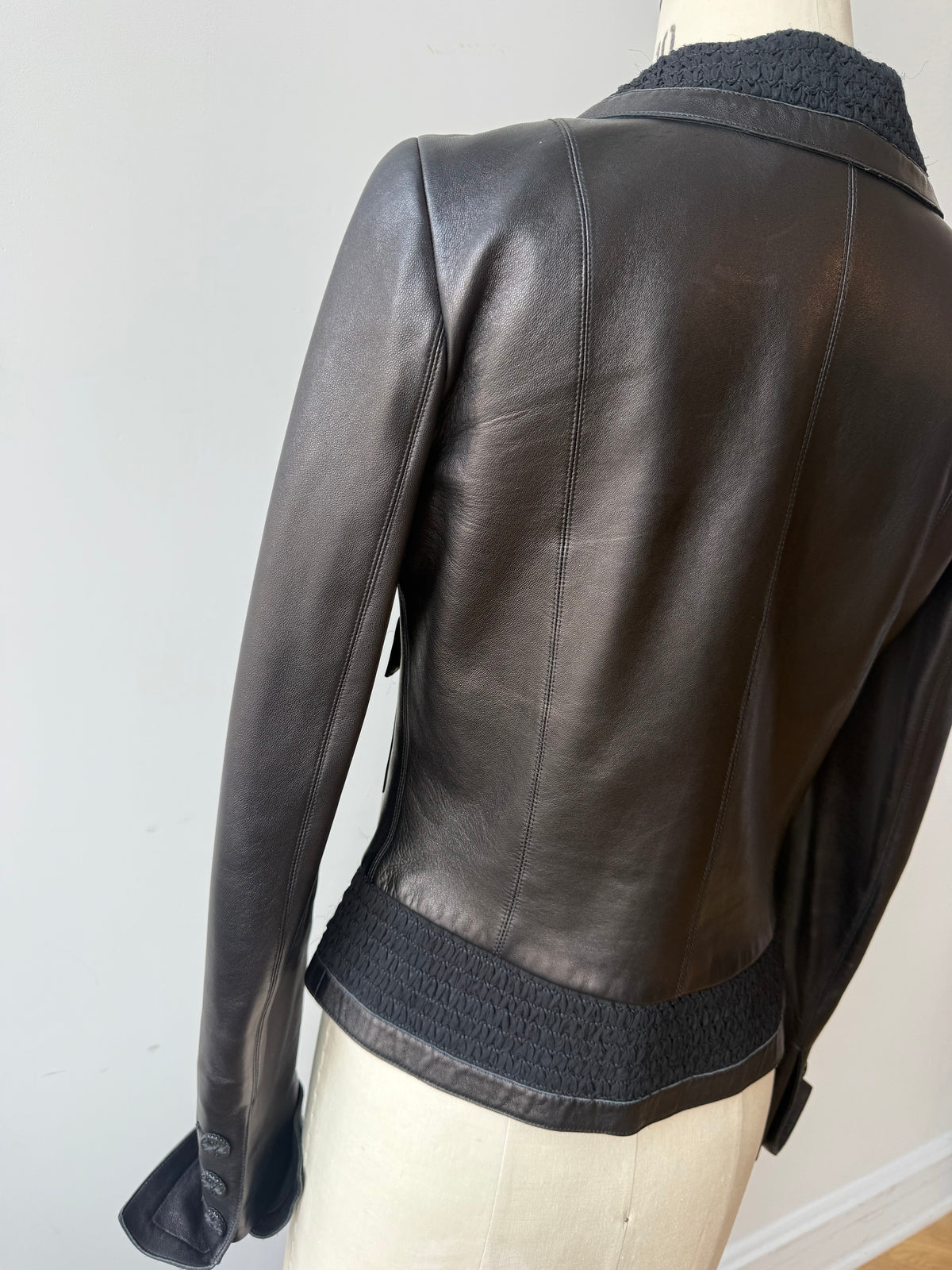 2004 Chanel Leather Jacket w Zipper & Silk Trim
