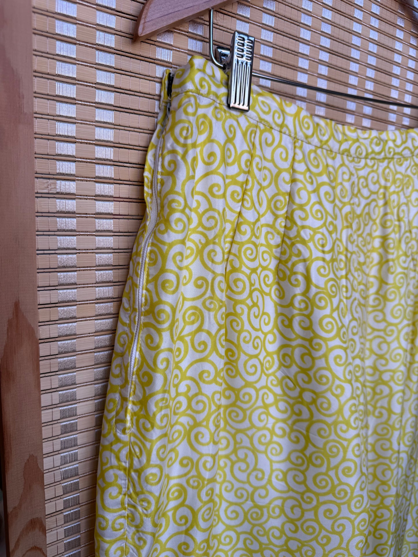 70s Yellow Silk Novelty Print Wide Leg Pant
