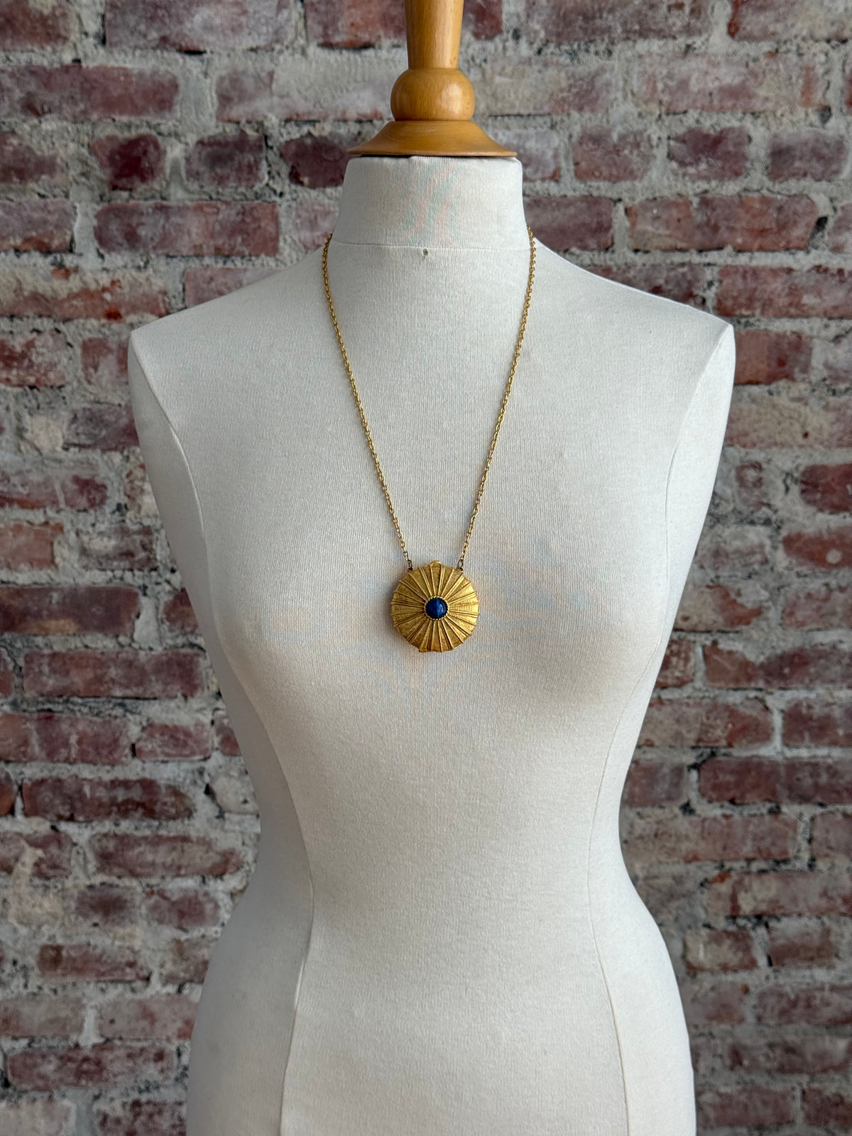 80s Estée Lauder solid perfume locket necklace with  blue lapis lazuli-style stone