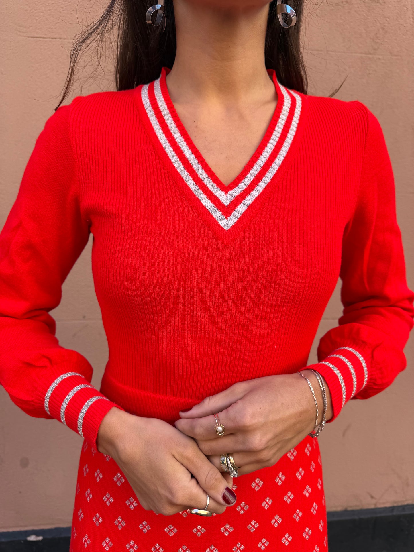 70s Red Knit Maxi Dress w silver detail